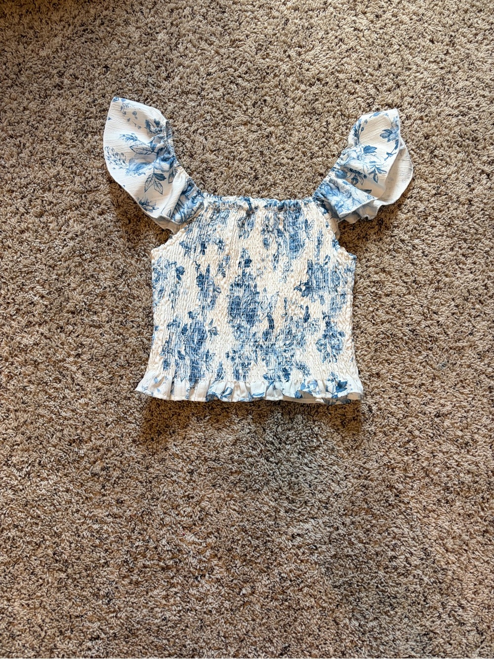 Altar'd State Blue and White Floral Smocked Ruffle Sleeve Crop Top